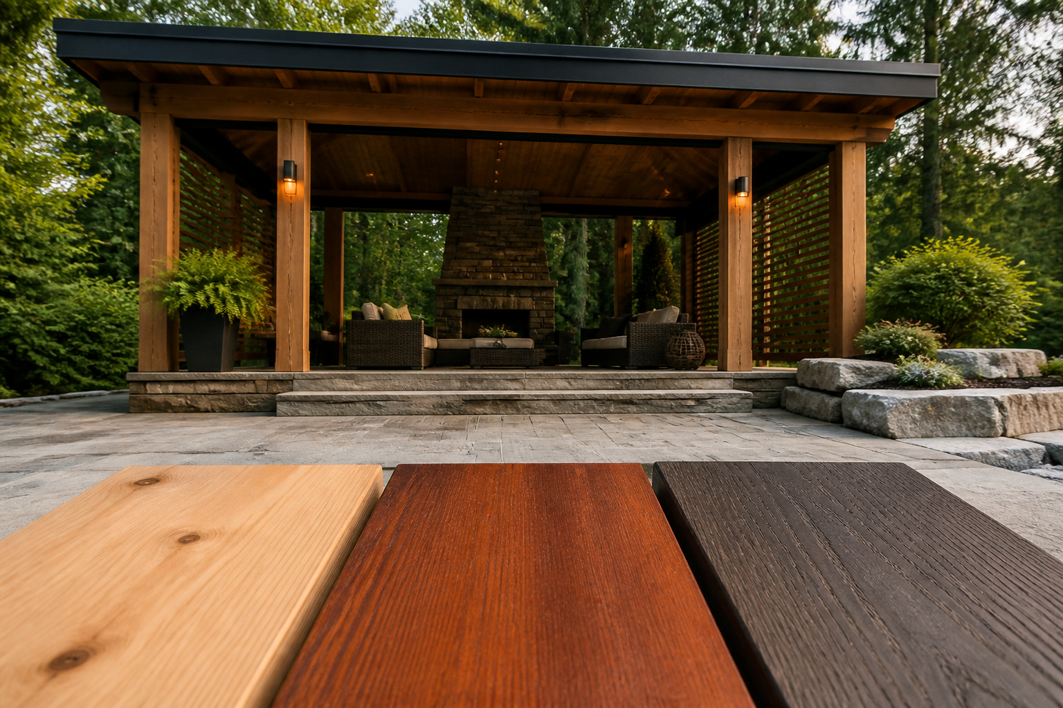 A large custom Western Red Cedar pavilion with a stone base on a flagstone patio, overlooking a country property in the Headwaters region of Ontario.