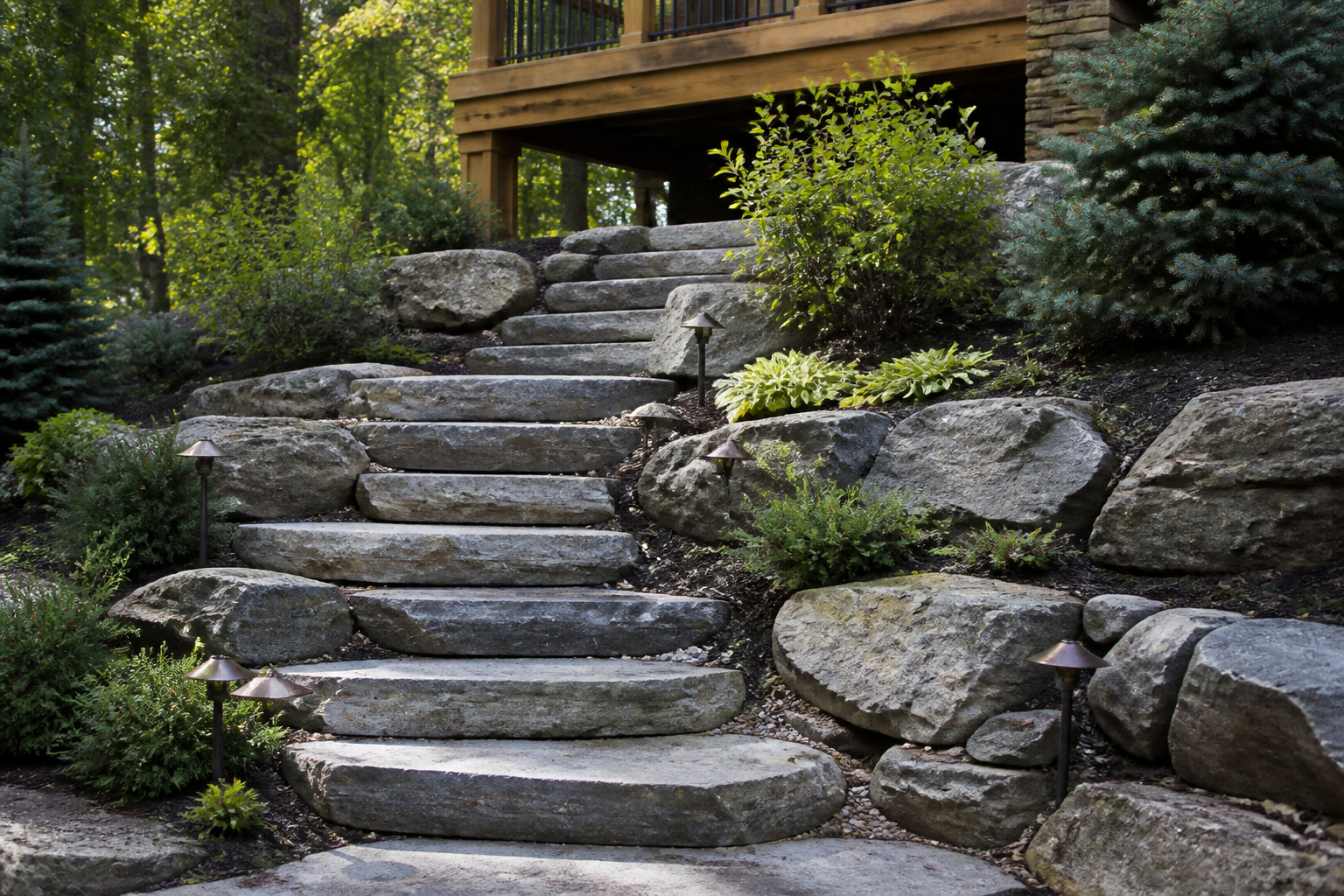 A long, curving staircase of natural weathered stone steps ascending a green, landscaped hill on an estate property in the Headwaters region.