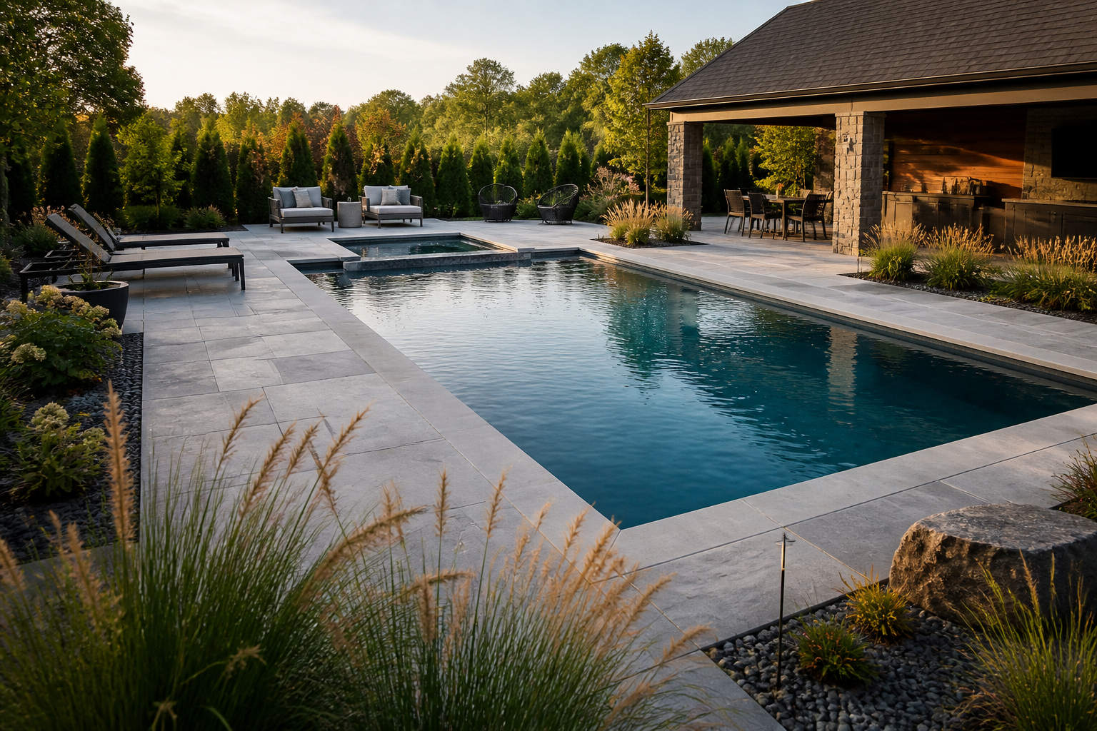 A serene in-ground pool with a natural Wiarton flagstone surround, comfortable lounge chairs under a dark wood pergola, and lush privacy plantings of grasses and evergreens.